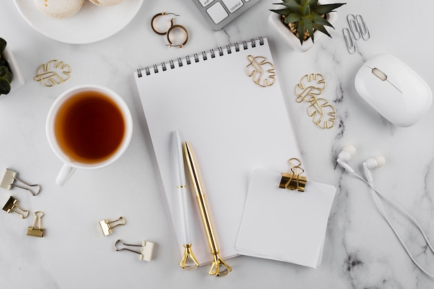 Top view elegant desk composition