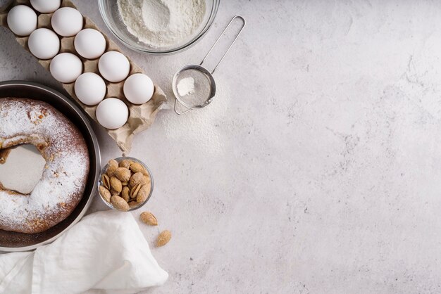 Top view of epiphany day dessert with ingredients and copy space