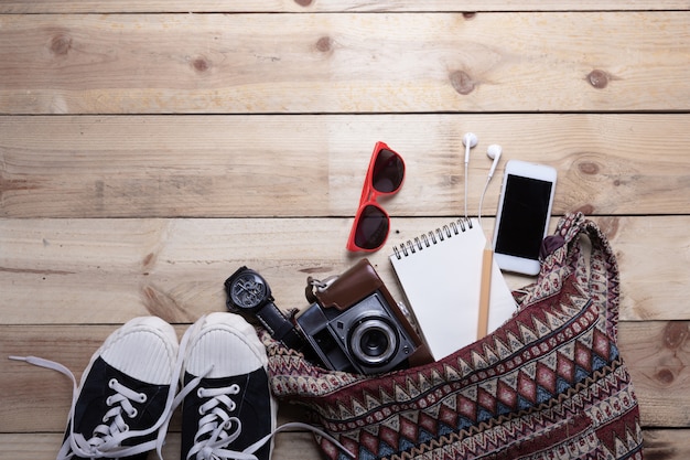 Free photo top view of equipment hipster young lady or girl on vacations