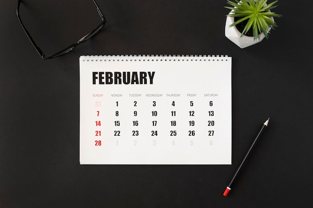 Top view february month planner calendar