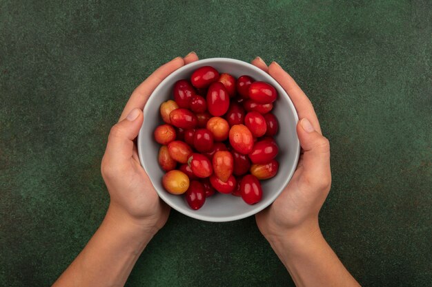 Top view of female hands holding a bowl of fresh red cornelian cherries on a green surface