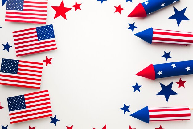 Top view of fireworks for independence day and american flags