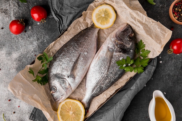 Top view fish on baking paper