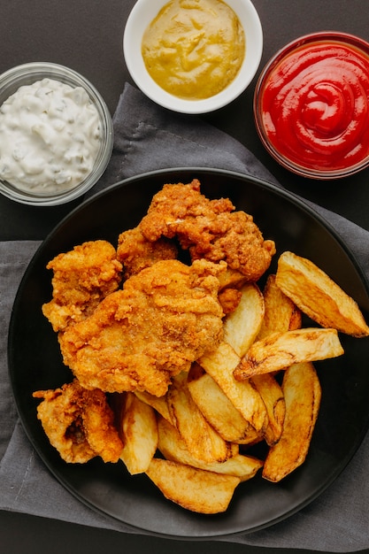 Top view of fish and chips on plate with sauces