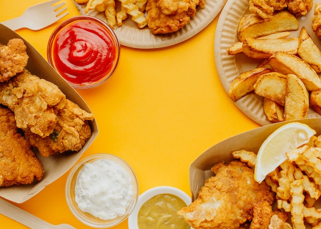 Top view of fish and chips with copy space and sauces