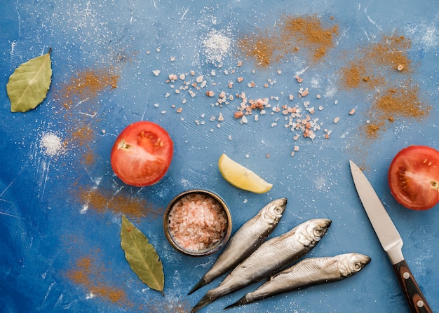 Top view fish and tomato arrangement