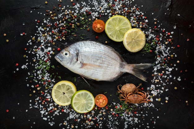 Top view of fish with salt and spices