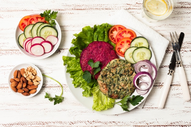 Top view food arrangement on wooden background