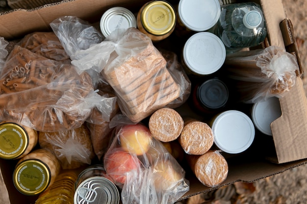 Top view food donation in box