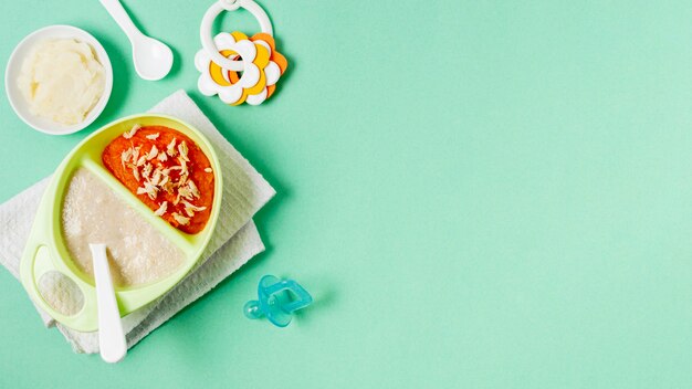 Top view food frame with green background