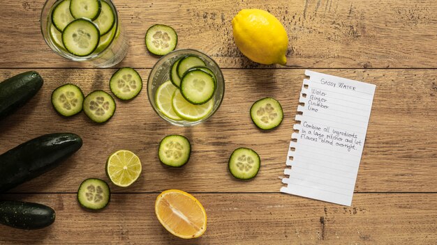 Top view of food ingredients with cucumber slices