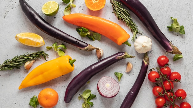 Top view of food ingredients with fresh vegetables