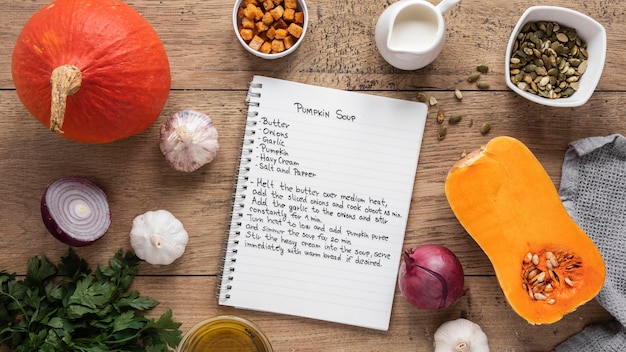 Top view of food ingredients with pumpkin soup