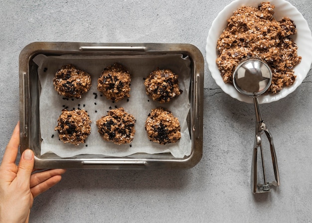 Top view of food ingredients with tray and dessert mix