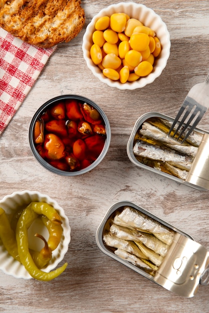 Top view food packaged in cans