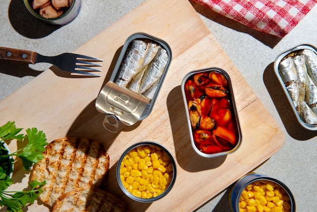 Top view food packaged in cans