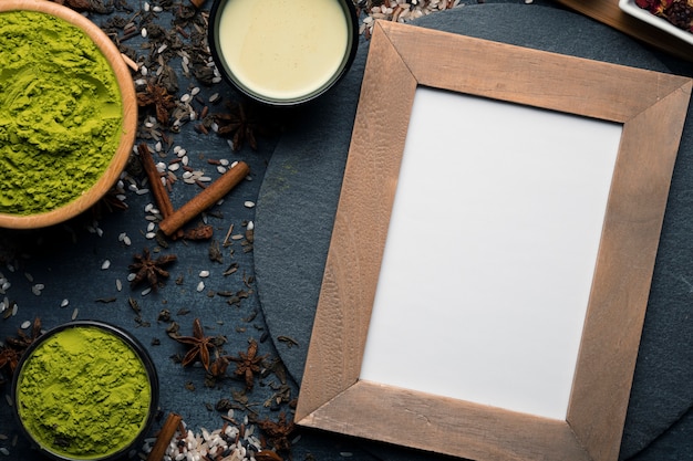 Top view frame beside green asian tea matcha