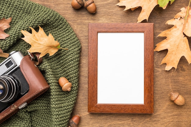 Free Photo top view of frame with autumn leaves and camera