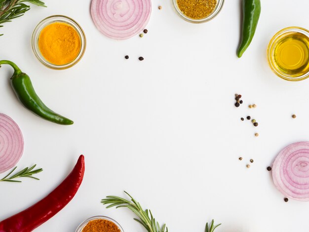 Top view frame with condiments and herbs 