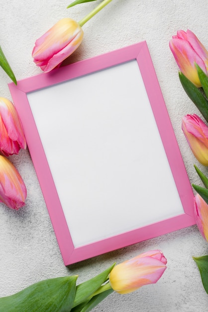 Top view frame with tulips beside