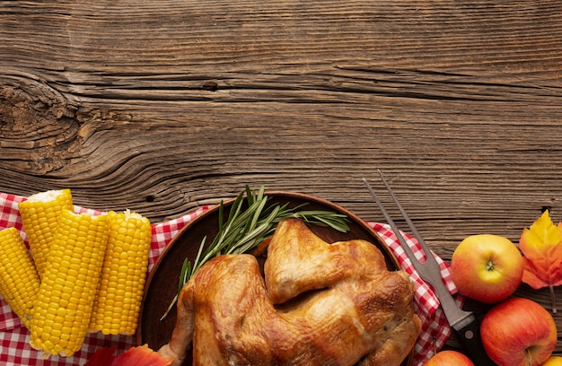 Top view frame with turkey, corn and apples