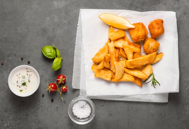 Free Photo top view of french fries with bowl of sauce and tomatoes