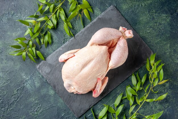 Top view fresh chicken on dark blue surface