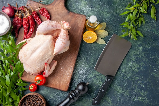 Free photo top view fresh chicken with red tomatoes on dark blue surface