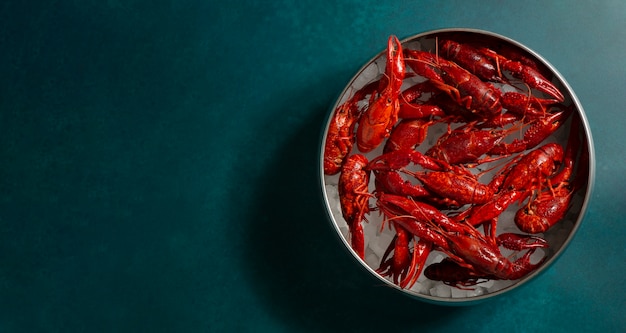 Free Photo top view fresh crawfish still life