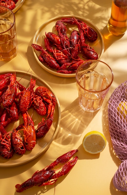 Free photo top view fresh crawfish still life