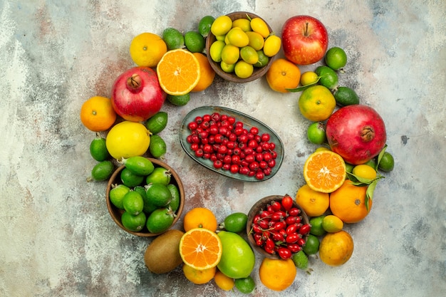 Top view fresh fruits different mellow fruits on white background health tree color tasty ripe berry citrus