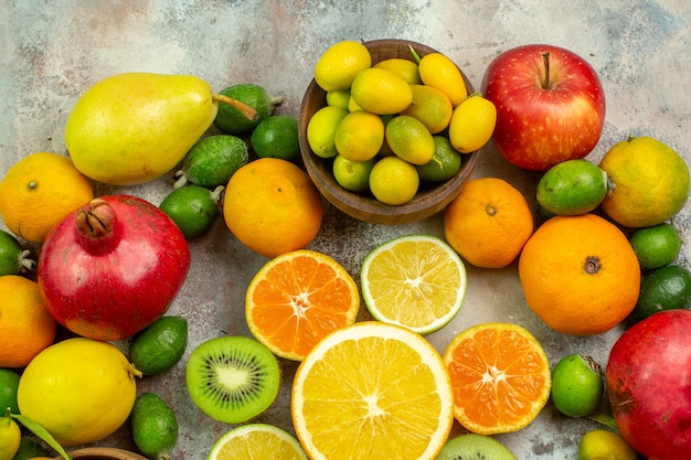 Top view fresh fruits different mellow fruits on white background tree tasty photo ripe color health berry citrus