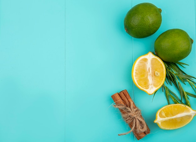 Top view of fresh lemons with cinnamon sticks set and tarragon greens on blue with copy space