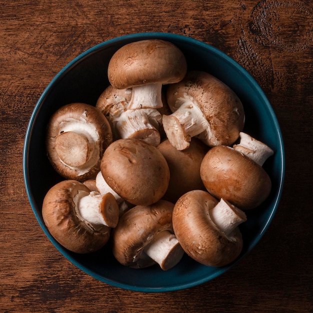 Top view fresh mushrooms in bowl