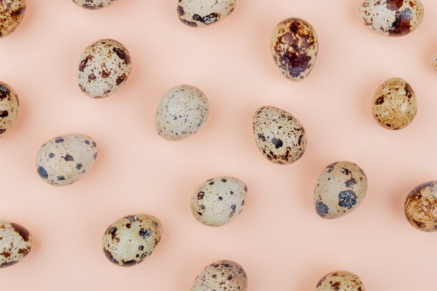 Top view of fresh quail eggs with cream colored shells isolated on a pink background