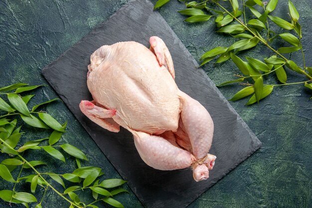 Top view fresh raw chicken with green leaves on dark background chicken meal animal meat photo food color kitchen