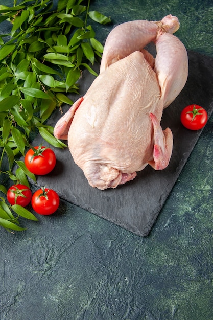 Top view fresh raw chicken with red tomatoes on dark background chicken meal animal meat photo food color kitchen