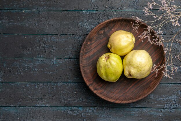 Top view fresh ripe quinces sour fruits inside plate on dark-blue rustic desk plant fruit ripe fresh tree