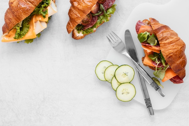 Top view fresh sandwiches composition on white background