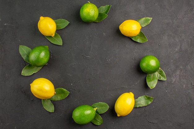 Free photo top view fresh sour lemons on dark-grey floor lime fruit citrus