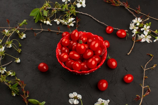 top view fresh tomatoes fresh ripe inside red plate on the dark