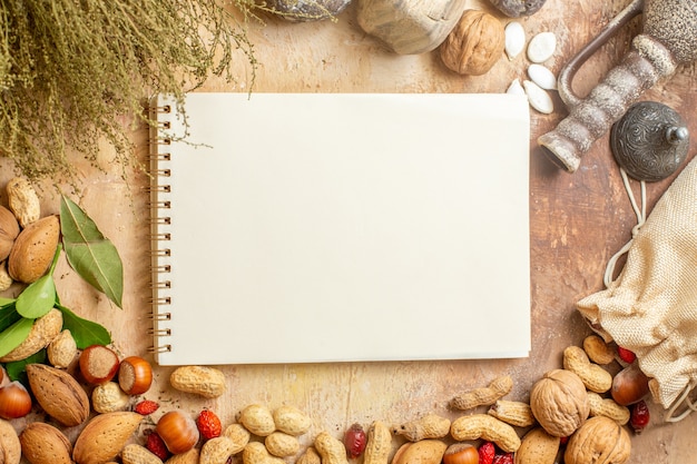 Top view of fresh walnuts lined on a wooden desk