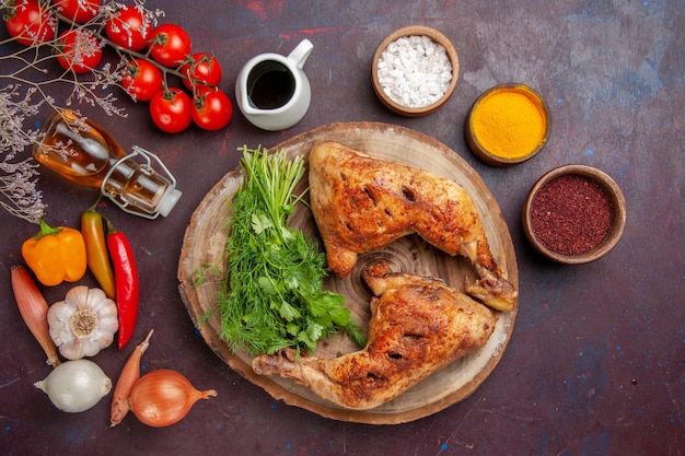 Top view fried chicken with greens and vegetables on a dark space