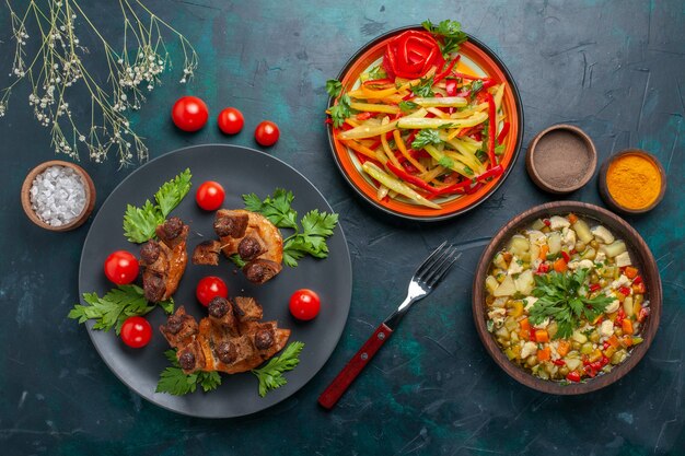 Top view fried meat slices with soup vegetables and seasonings on dark blue desk vegetable meal food meat dinner