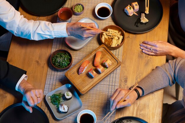 Top view friends having lunch  in luxury restaurant