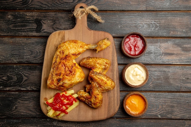 Top view from afar chicken appetizing french fries chicken and ketchup on the wooden cutting board next to bowls of colorful sauces on the dark table