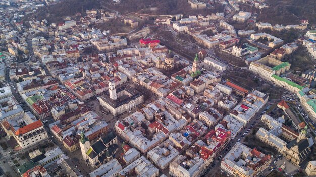 Top view from of the city hall on houses in Lviv, Ukraine. Lviv old town from above.