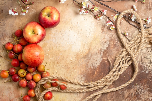 Free photo top view of fruits the appetizing three apples and cherry rope tree branches