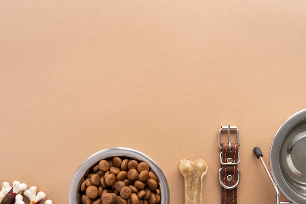 Top view on full dog food bowl and accessories