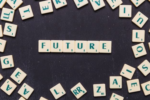 Top view of future text made from scrabble game letters